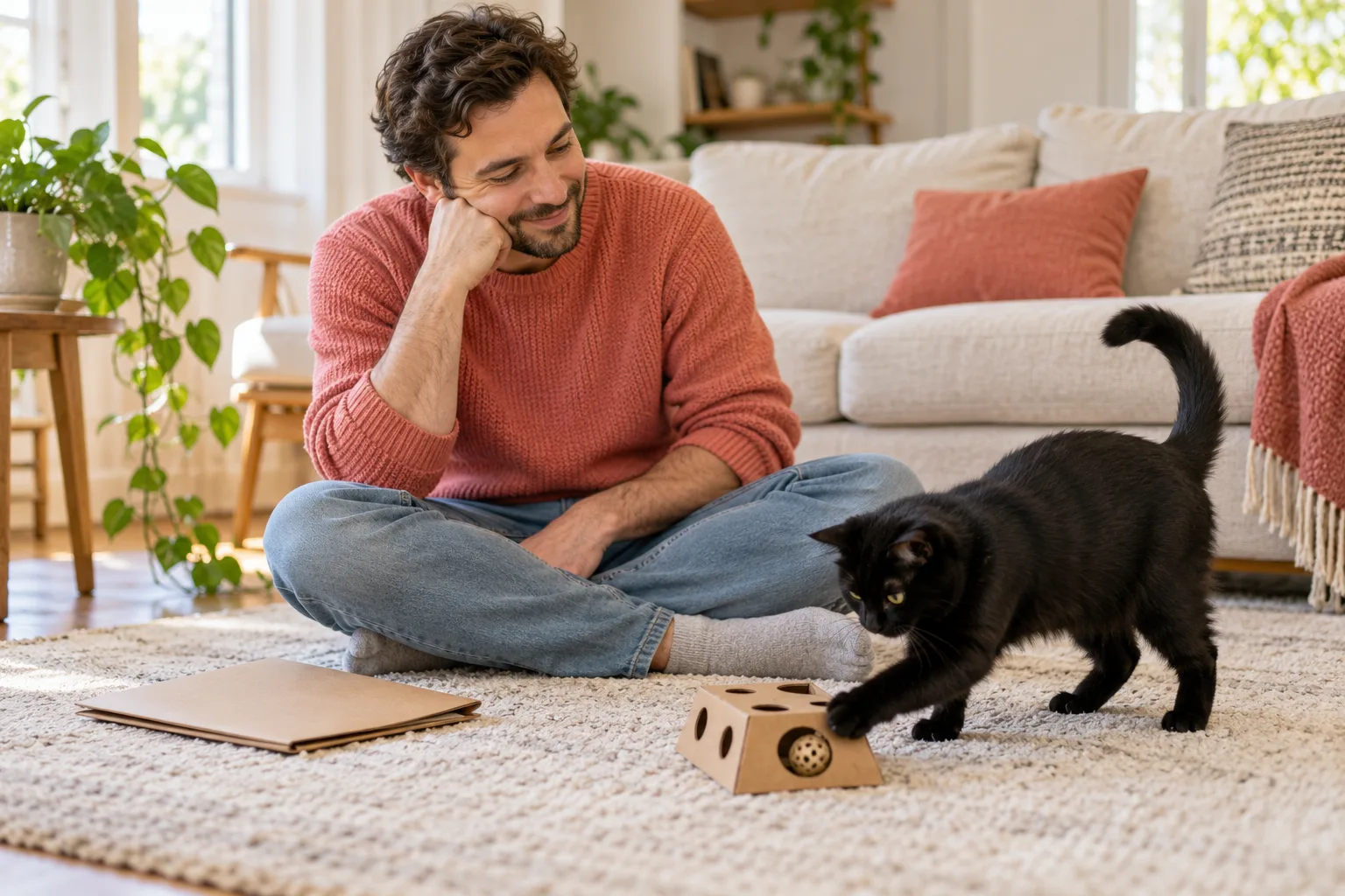 Man watching a black cat play with a cardboard toy at home